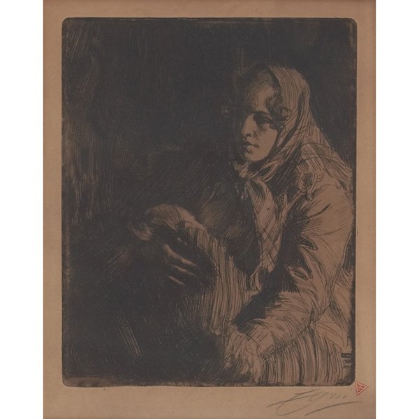 Anders Zorn: Anders Zorn (Swedish, 1860-1920) "Swedish Madonna," 1900, engraving, 9.5" x 7.75", signed lower right, dated in plate, framed