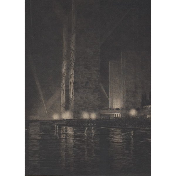 Gerald Kenneth Geerlings: Gerald Kenneth Geerlings (American, 1897-1998) "Electrical Building at Night, Chicago Worlds Fair," 1933, etching, 12" x 9", pencil signed, edition of 100, published for the Chicago Society of Etchers