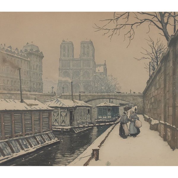 Tavik Frantisek Simon: Tavik Frantisek Simon (Czech, 1877-1942) "Rainy Day, Paris," "Little Bridge in Winter," and "Untitled," c. 1920, group of three colored etchings, one shown, largest: 12.5" x 16", all pencil signed, tw