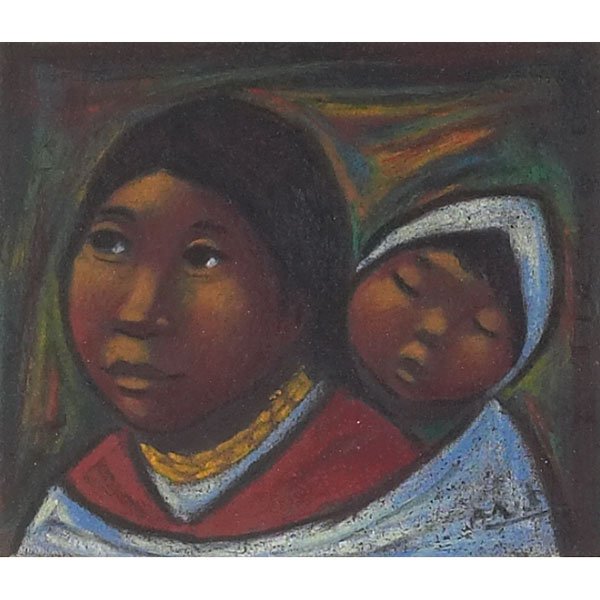 Rodolfo Nieto: Rodolfo Nieto (Mexican, 1936-1988) "Mother and Child," c. 1960, pair of oils on paper, one shown, 4.75" x 5.5", both signed, framed