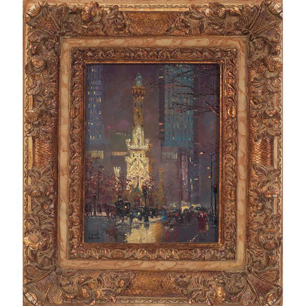 Robert Lebron: Robert Lebron (American, b. 1928) "Water Tower, Chicago," c. 1970, oil on canvas, 16" x 12", signed lower left, framed