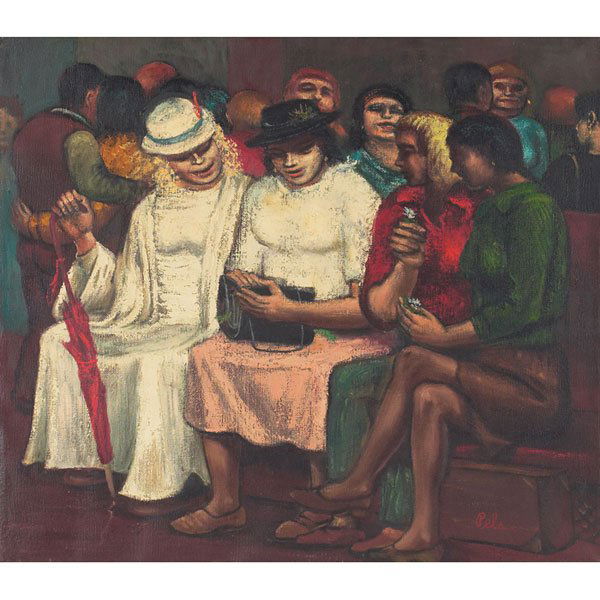 Albert Pels: Albert Pels (American, 1910-1998) "Waiting Room Conversation," c. 1950, oil on canvas, 21.25" x 24.25", signed lower right, titled on verso, framed