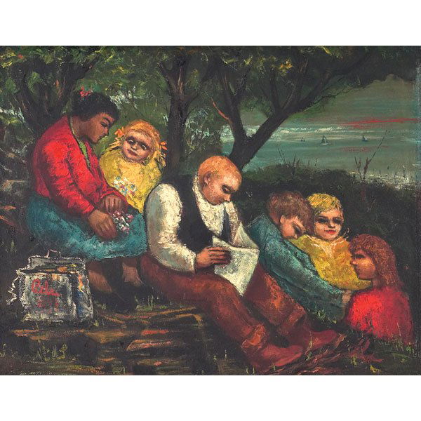 Albert Pels: Albert Pels (American, 1910-1998) "Picnic on Hill Overlooking Lake," c. 1945, oil on masonite, 14" x 18", signed lower left, framed