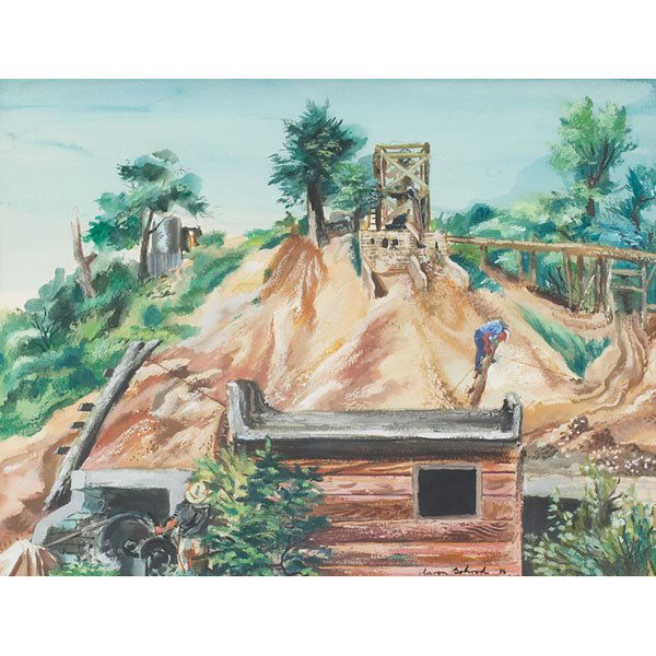 Aaron Bohrod: Aaron Bohrod (American, 1907-1992) "Mining Scene," 1936, gouache, 14" x 19", signed and dated lower right, framed