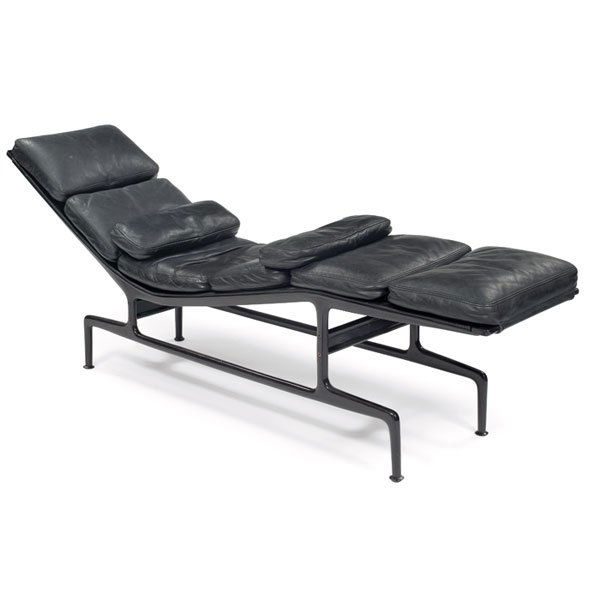 Charles & Ray Eames chaise, black leather: Charles & Ray Eames chaise, by Herman Miller, 1970s, eggplant-colored aluminum frame with original black leather zippered cushions and two loose cushions, 17"w x 76"d x 29"h, very good original condit