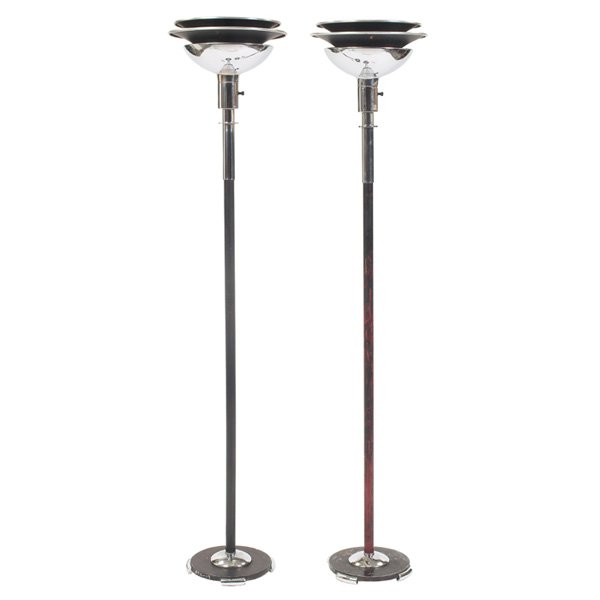 Gilbert Rohde for Mutual Sunset torchieres, pair: Gilbert Rohde for Mutual Sunset torchieres, pair, aluminum diffusers above chrome-plated brass shades, black enameled bases, signed with molded manufacturer's mark and model number to underside: "M. S