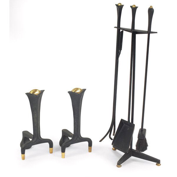 Donald Deskey andirons & fire tools Bennett: Donald Deskey andirons and fire tools set, by Bennett, USA, cast iron and brass, andirons: 7.5"w x 8"d x 15"h, fire tools: 33.5"h, very good original condition