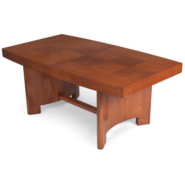 Gilbert Rohde dining table, by Herman Miller: Gilbert Rohde Formal Dining Group table, by Herman Miller, c. 1940, rectangulartop with checkerboard veneer pattern of Maidou burl and mahogany over two curved plinth bases, 4" apron, includes two 24"