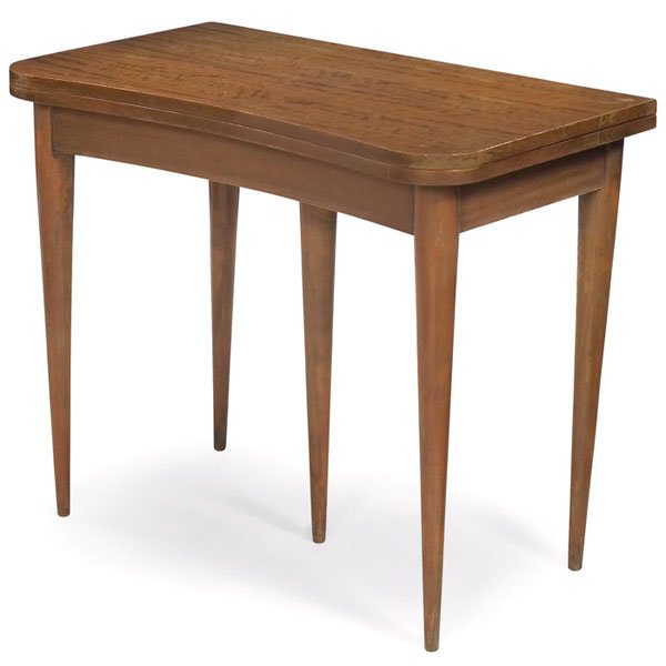 Gilbert Rohde Paldao Group folding table: Gilbert Rohde Paldao Group folding table, by Herman Miller, 1940s, model 4166, Paldao wood, top folds open to accept leaves, leaves missing, original finish, as shown: 36"w x 20"d x 30"h, open: 36 x 4