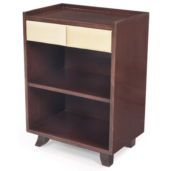 Gilbert Rohde nightstand, #4140, padded drawer: Gilbert Rohde nightstand, by Herman Miller, 1940s, model 4140, one padded drawer with original leatherette upholstery above a fixed shelf, signed with foil label, 18"w x 12"d x 25.25"h, original finis