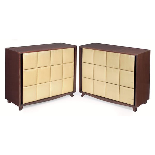 Gilbert Rohde dressers, pair, #4140, padded drawer: Gilbert Rohde dressers, pair, by Herman Miller, 1940s, model 4140, mahogany cases, each with three padded drawers with original leatherette upholstery, top drawer with removable oak tray, signed with