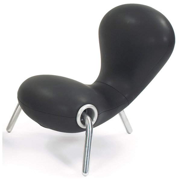 Marc Newson Embryo chair, by Cappellini, black: Marc Newson Embryo chair, by Cappellini, three polished aluminum legs, front legs composed of a single rod that runs through the body of the seat, black neoprene upholstery, 34"w x 34"d x 31.5"h, very