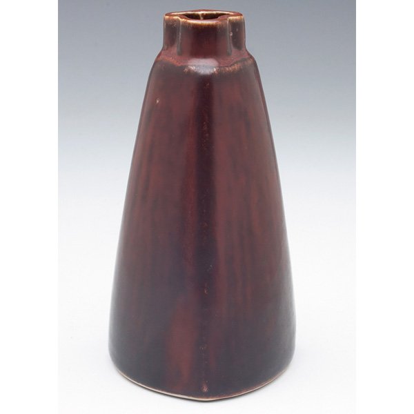 Saxbo vase, designed by E. Staehr-Nielson: Saxbo vase, designed by E. Staehr-Nielson, c. 1950, unusual shape in a brown matte glaze, marked, artist initials, #179, 3"w x 6"h
