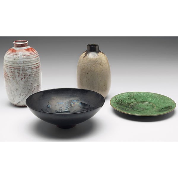 E. Deutch vase, Heino vase, A.R. Cole plate, Schei: E. Deutch vase, signed, 3.5"w x 5"h; with a Vivika and Otto Heino vase, signed, 3.5"w x 6.25"h; with an A.R. Cole plate, marked, 6.5"dia; with a Scheier bowl, signed, 7"w x 2.5"h