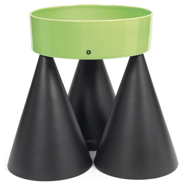 Ettore Sottsass Jane by Cor Unum: Ettore Sottsass "Jane" by Cor Unum, the Netherlands, green glazed ceramic bowl supported by three inverted matte black ceramic cones, numbered 58/100, Cor Unum decal, 10.75"dia x 13.5"h, excellent con