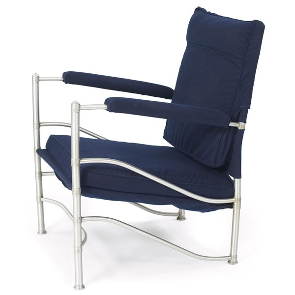 Warren McArthur Light Lounge chair, 1930s: Warren McArthur "Light Lounge" chair, 1930s, anodized aluminum frame with curved supports to sides, reupholstered in dark blue fabric, documented, 23.5"w x 26"d x 33.5"h, very good original condition