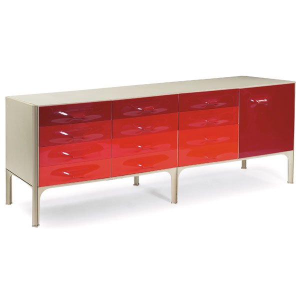 Raymond Loewy DF-2000 cabinet, 9 drawers, red: Raymond Loewy DF-2000 cabinet, by Doubinsky Freres, made in France, wood and laminate cabinet with red and orange molded plastic drawer fronts, nine drawers and one door with an adjustable shelf, sign