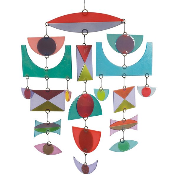 Michael & Frances Higgins mobile, vintage, 19 pc: Michael and Frances Higgins mobile, vintage, 19 pieces of fused glass in secondary colors, engraved signature "higgins," approximately 18"w x 21"h, mint condition