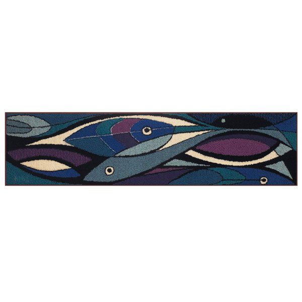 Bill Hinz hooked wool tapestry, fish signed: Bill Hinz hooked wool tapestry, abstract fish motif in blue and purple, woven signature at lower left, wood frame, 59"w x 14.75"h, excellent original condition