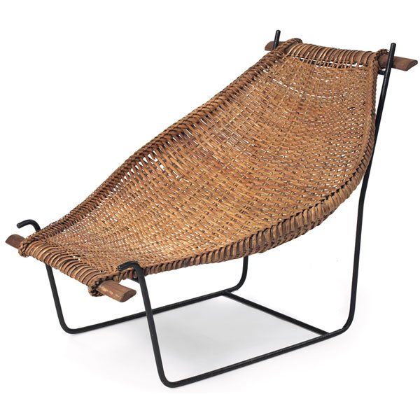 1950s outdoor lounge, USA, rattan sling: 1950s outdoor lounge, USA, rattan sling seat with wood ends rests in a wrought-iron frame, original finish, 36"w x 42"d x 33.5"h, very good original condition