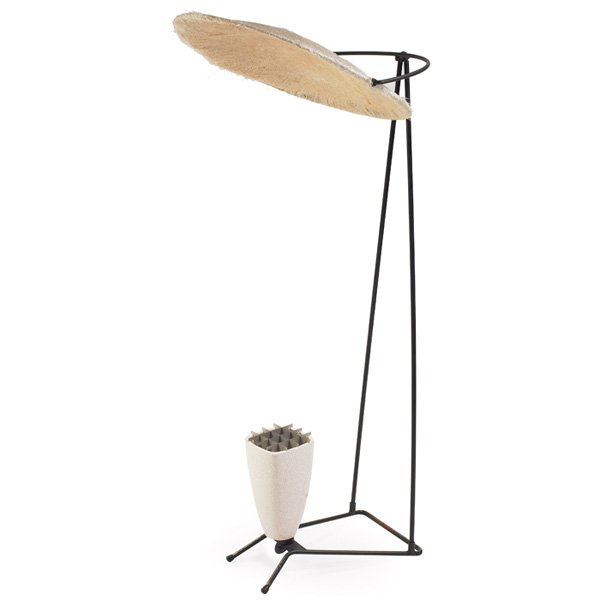 Mitchell Bobrick floor lamp, by Controlight: Mitchell Bobrick floor lamp, by Controlight, LA, c.1949, large adjustable upper fiberglass shade, wrought iron frame, ceramic shade with removable aluminum diffuser, labeled Controlight, 24"w x 13"d x