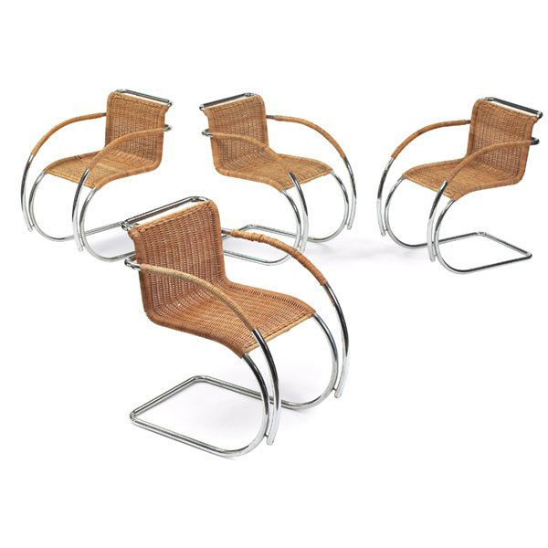 Mies van der Rohe MR chairs, 4, unsigned: Mies van der Rohe MR chairs, four, cantilevered chromed frames, original caned seats and armrests, unsigned, 21.25"w x 28.5"d x 31.5"h, very good original condition