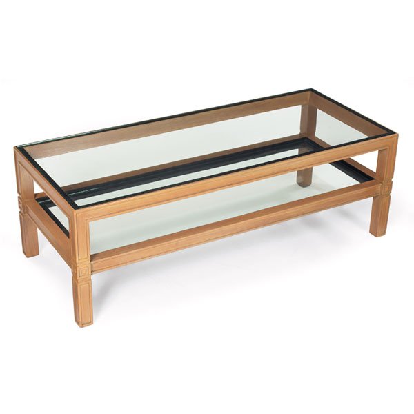 Tommi Parzinger coffee table, by Charak: Tommi Parzinger coffee table, by Charak, rectangular wood frame with pickled finish with inset glass surfaces over dark-stained wood trim, 52"w x 22"d x 17.75"h, restored, very good condition