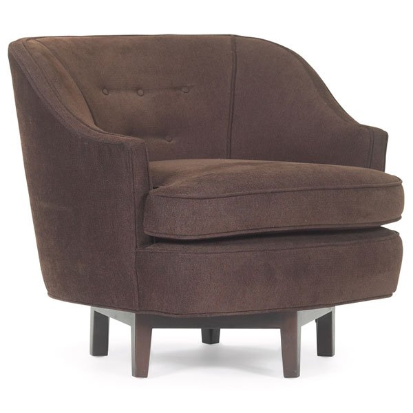Edward Wormley swivel chair, by Dunbar: Edward Wormley swivel lounge chair, by Dunbar, mahogany base with five legs, reupholstered in dark brown chenille, unsigned, 30"w x 30"d x 27.5"h, original finish to base, very good condition