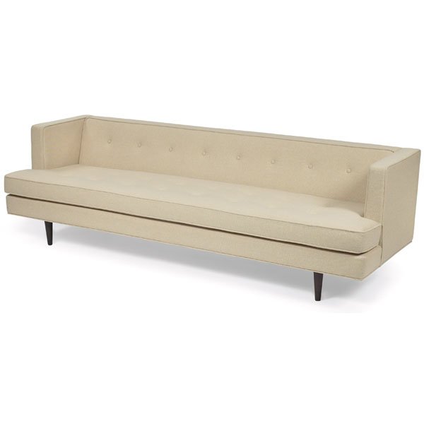 Edward Wormley sofa, Dunbar, 94", 1950s: Edward Wormley sofa, by Dunbar, 1950s, even-arm form with tufted seat cushion and backrest, newly reupholstered in off-white wool, Dunbar cloth label, 94"w x 31.5"d x 28"h, excellent condition