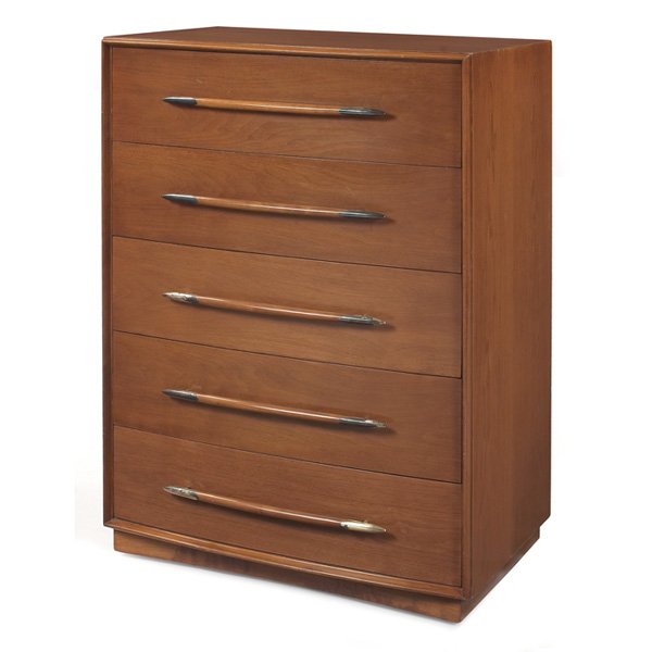 T.H. Robsjohn-Gibbings highboy dresser: T.H. Robsjohn-Gibbings highboy dresser, by Widdicomb, walnut case with convex front, five drawers with tapered wood pulls and nickel fittings, dividers in two drawers, signed with cloth label, 34"w x 