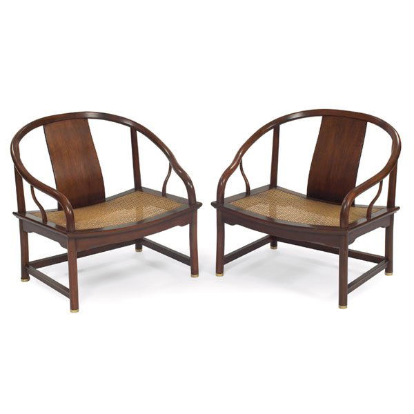 Michael Taylor "Far East" lounge chairs, pair: Michael Taylor for Baker "Far East" lounge chairs, pair, by Baker, wood frames with caned seat, signed with metal Baker tag, 29"w x 23"d x 27"h, original finish, very good condition