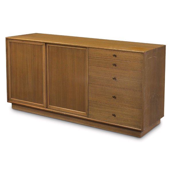 Harvey Probber cabinet, mahogany case signed: Harvey Probber cabinet, by Harvey Probber Inc., mahogany case with five drawers with brass pulls and sliding doors which conceal three cork-lined trays and four drawers with original white finish, pla