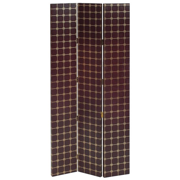 Tooled leather screen, three panels, embossed: Tooled leather screen, three panels, embossed gold design, finished on both sides, each panel is 12"w, as shown: 34"w x 78"h, very good condition