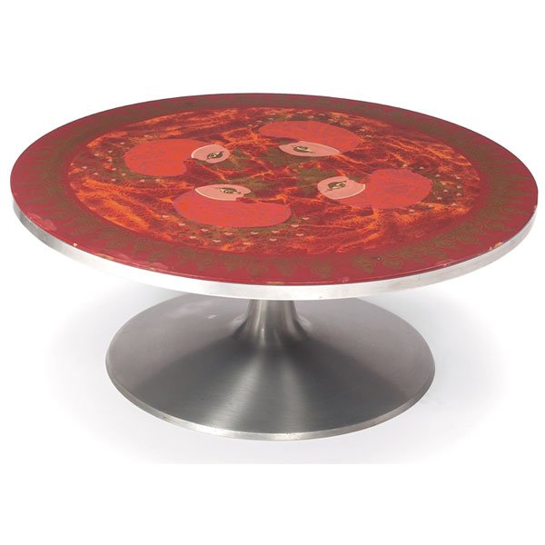 Bjorn Winblad coffee table, France & Son Mygge: Bjorn Winblad coffee table, for France & Son, hand-painted by Mygge, round top with colorful design of partridges, aluminum trim to edge and aluminum pedestal base, signed with "CADO Made in Denmark"