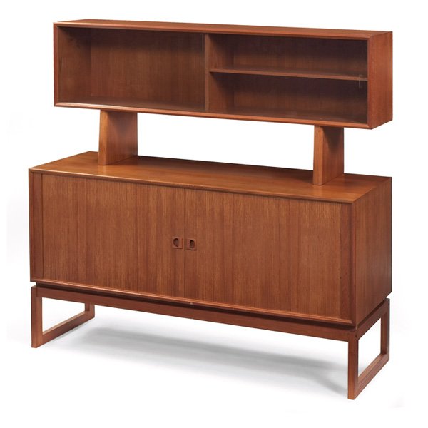 Faarup Mobelfabrik sideboard & china cabinet : Faarup Mobelfabrik sideboard with china cabinet, Denmark, teak, sideboard with tamboured doors, removable upper cabinet with sliding glass doors, original finish, signed with foil tag and marked "Made