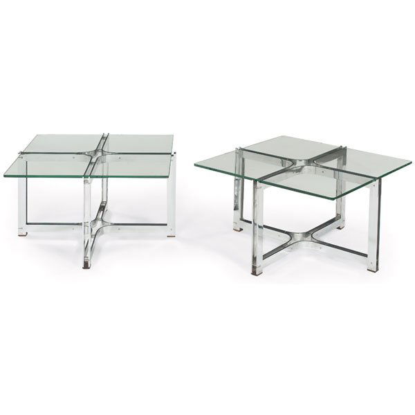Horst Brüning tables, pair, Alfred Kill: Horst Brüning tables, pair, by Alfred Kill, attribution, heavy chrome-plated steel bases with rosewood feet, frames notched to hold ½" square glass tops, 28"sq x 17.5"h, very good original condition
