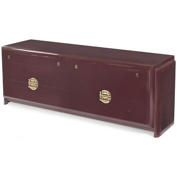 Romweber cabinet, dark brown, brass, signed: Romweber cabinet, USA, 3 doors, original brass hardware, dark brown lacquer, burned mark, 80"w x 21"d x 28"h, original finish, good original condition