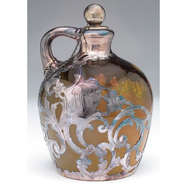 Rookwood, Katharine Hickman, silver overlay: Rookwood handled vessel, bulbous shape in a Standard glaze with a painted leaf and berry design, applied silver overlay #R2548, executed by Katharine Hickman in 1897, #512C, 4.5"w x 7"h