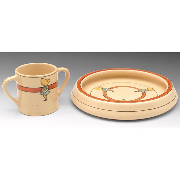 Roseville Juvenile: Roseville Juvenile double handled mug and bowl, both with girl in bonnet patern, both marked, mug: 5"w x 3"h, bowl: 8"w x 1.25"h