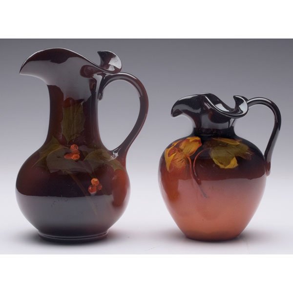 Rookwood, L.N. Lincoln: Rookwood handled vessel, Standard glaze with a nicely executed leaf and berry design, painted by L.N. Lincoln in 1899, #40; with a Rookwood handled vessel, Standard glaze with a nicely detailed leaf d