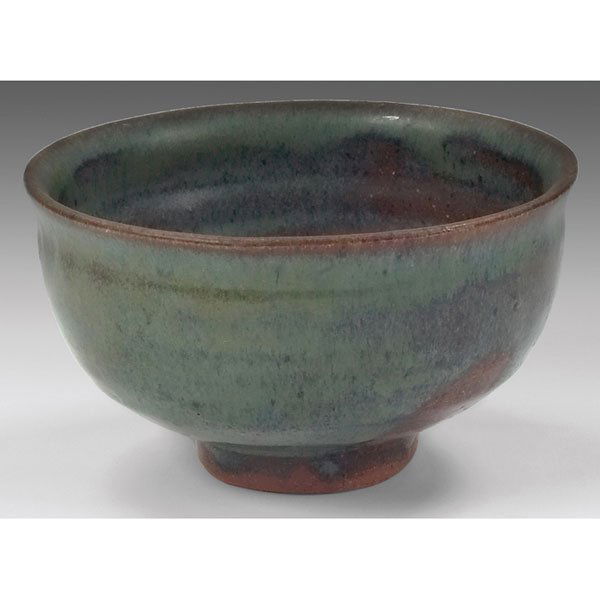 St. Ives: Bernard Leach, St. Ives bowl, England, footed bowl covered in a green and blue glaze, signed by William Marshall, 6"dia x 3.5"h