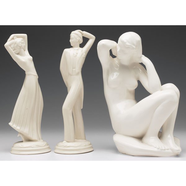 Art Pottery, Czechoslovakian: Art Pottery figurines, two, dancing man and woman, covered in an white glaze, unmarked, largest is: 3.5"w x 10.25"h; with a Czechoslovakian sculpture, porcelain seated figure, covered in a white glaze