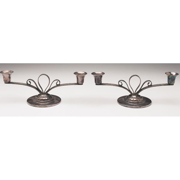 Carl F. Christiansen: Carl F. Christiansen candelabras, pair, Denmark, sterling silver two arm form, marked, 10"w x 3.5"h