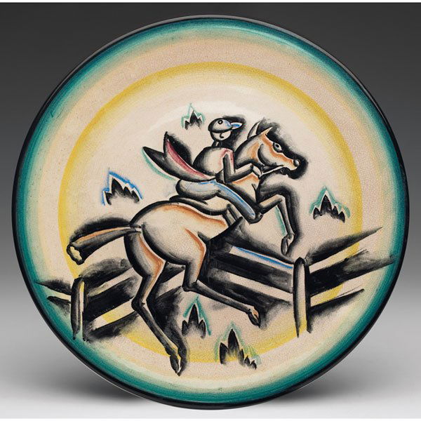 Cowan Pottery, Viktor Schreckengost,: Cowan Pottery charger, designed by Viktor Schreckengost, colorfully painted scene with a person riding a horse, marked, 11.25"dia