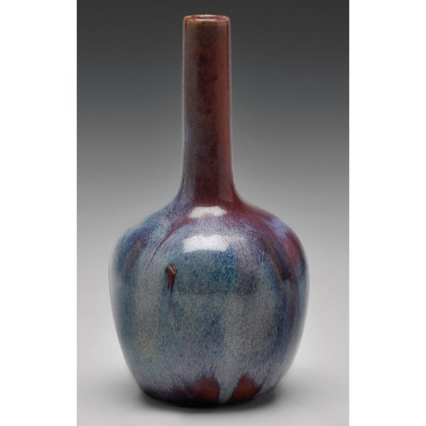 Edmond Lachenal: Edmond Lachenal vase, bulbous shape with a long neck, covered in a red, blue and ivory glaze, signed, 3"w x 5.5"h