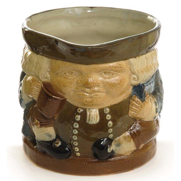 Royal Doulton: Royal Doulton vessel, "The Best Is Not Too Good," blue jacket, olive vest and brown pants, 1920, 3.5"h