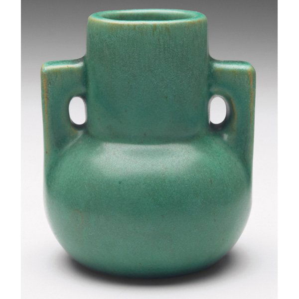 Teco: Teco vase, designed by Gates, double handled shape under a good green matte glaze, impressed marks, 3.25"w x 3.25"h