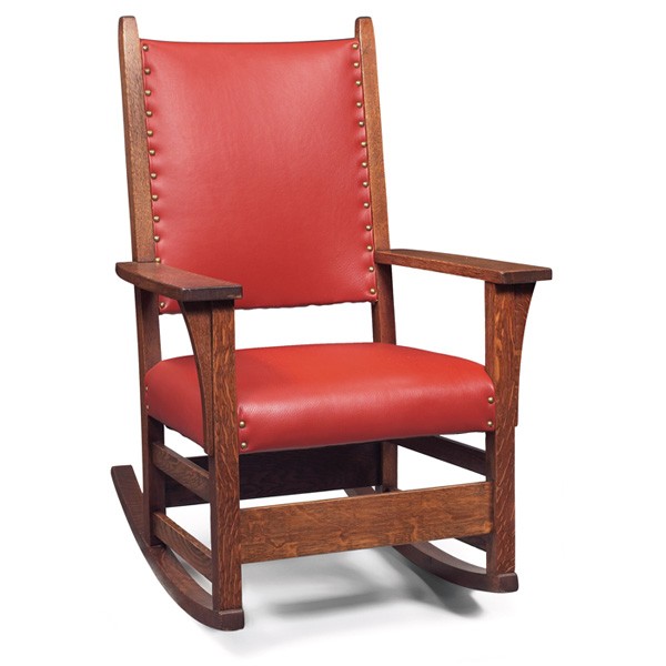 Gustav Stickley rocker, similar to #477: Gustav Stickley rocker, similar to #477, recovered leather seat and back with corbel supports at sides, refinished, unsigned, 25.5"w x 28"d x 38"h, very good condition