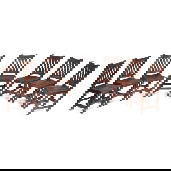 Arts and Crafts dining chairs, set of seven: Arts and Crafts dining chairs, set of seven, three shaped vertical slats at back over a saddle seat, re-coated original finish, some wear, 17"w x 17"d x 37"h, very good condition