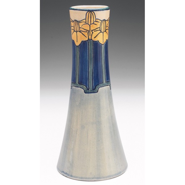 Newcomb College vase, flared shape, floral design: Newcomb College vase, flared shape with an incised and painted floral design, covered in a high glaze, marked, executed by Ida Wilt Lonnegan, #TT63, 4"w x 9"h